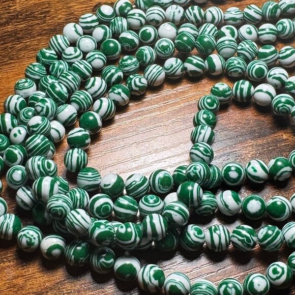 8mm Synthetic Malachite Bead Strand - Green & White - Picture 2 of 2
